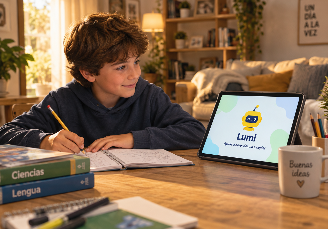 Niño sonriendo con una tablet donde se ve Lumi, el búho de la app, y el texto «Ayuda a aprender, no a copiar»